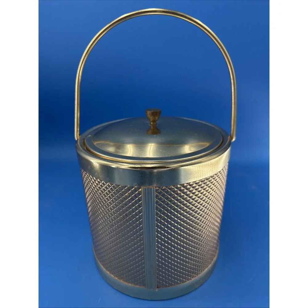 Vintage 1960's Midcentury Italian Gold Diamond Weave Metal Ice Bucket